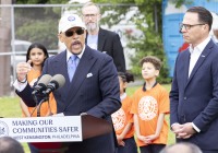 May 3, 2024: Sens. Tartaglione and Hughes participated today in a news conference outside John Welsh School in Philadelphia with Gov. Josh Shapiro in support of the governor’s proposed $100 million increase in violence prevention funding included in his budget proposal.